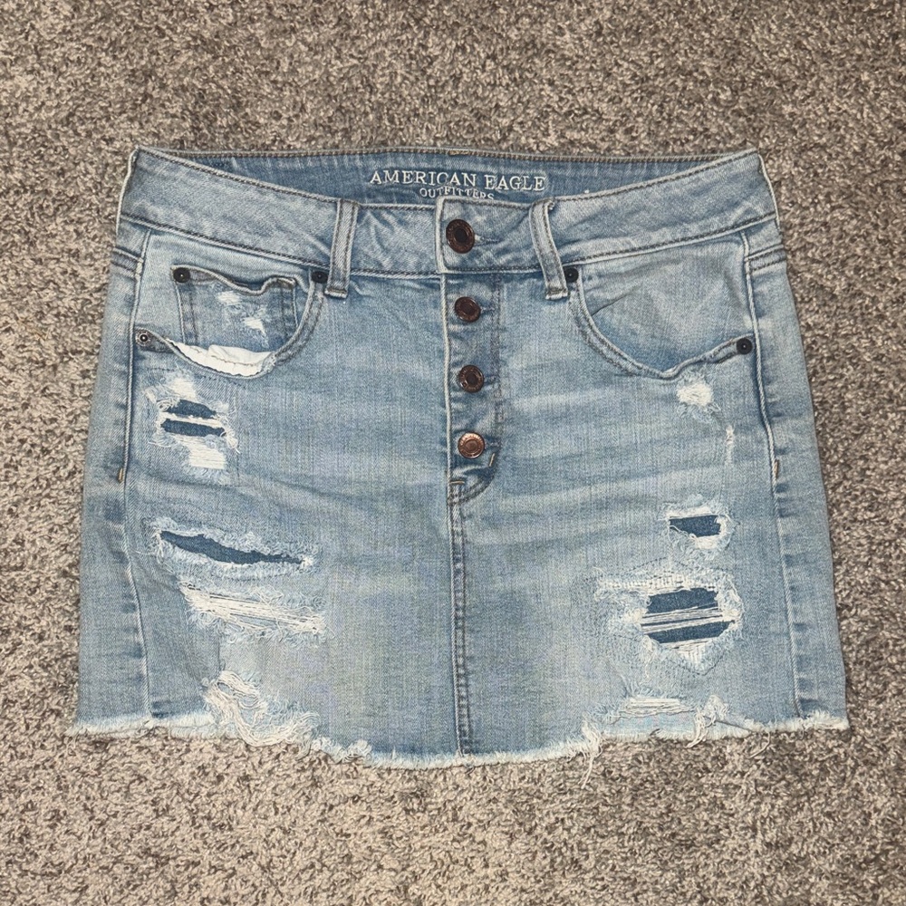 American Eagle Light Blue Distressed Mini Skirt
